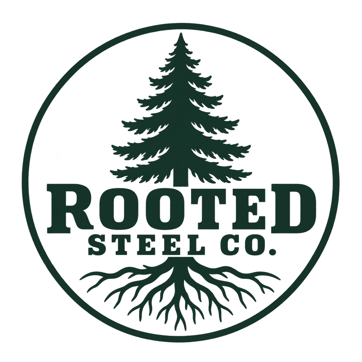Rooted Steel Co. tree and roots heritage badge